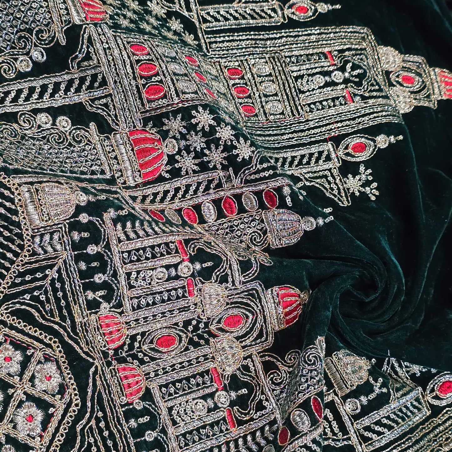 Bottle Green Velvet Fabric Gold Palace Embroidery Indian Wedding Bridal Dress Material 58" by Meter