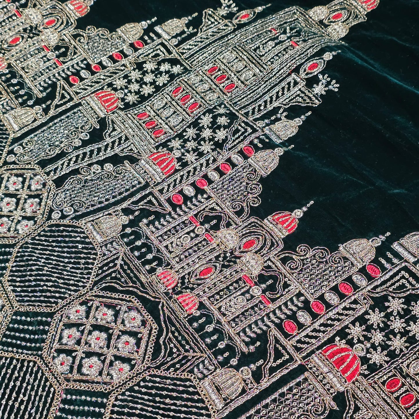 Bottle Green Velvet Fabric Gold Palace Embroidery Indian Wedding Bridal Dress Material 58" by Meter