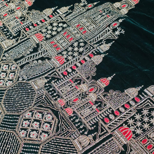 Bottle Green Velvet Fabric Gold Palace Embroidery Indian Wedding Bridal Dress Material 58" by Meter