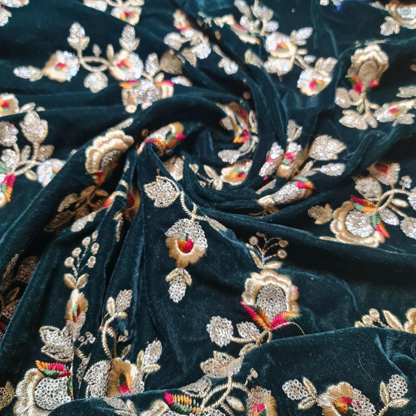 Bottle Green Gold Floral Embroidery 3 Crown Triple Velvet Fabric Dress Craft Décor Material 44" By The Meter