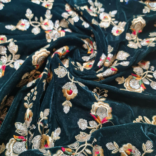 Bottle Green Gold Floral Embroidery 3 Crown Triple Velvet Fabric Dress Craft Décor Material 44" By The Meter