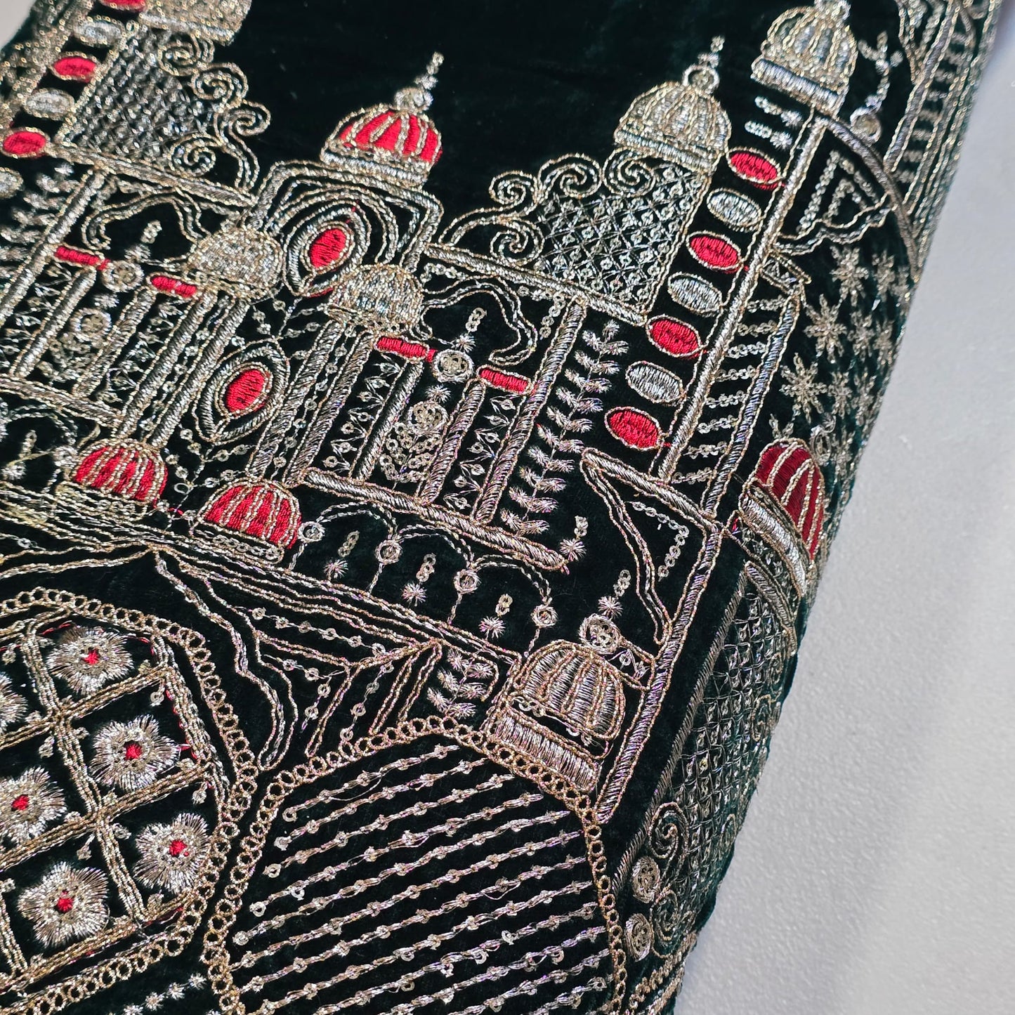 Bottle Green Velvet Fabric Gold Palace Embroidery Indian Wedding Bridal Dress Material 58" by Meter