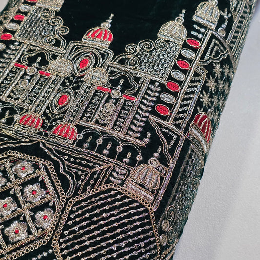 Bottle Green Velvet Fabric Gold Palace Embroidery Indian Wedding Bridal Dress Material 58" by Meter