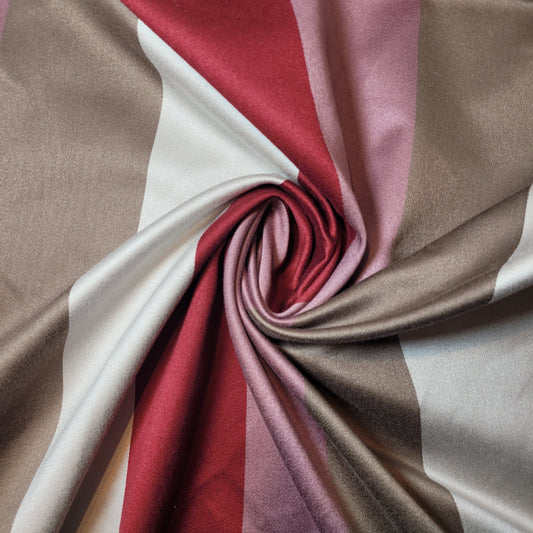 Brown Silver Red Stripe Satin Polyester Medium Weight Material Curtain & Upholstery Fabrics – 58" Wide" Sold by Meter