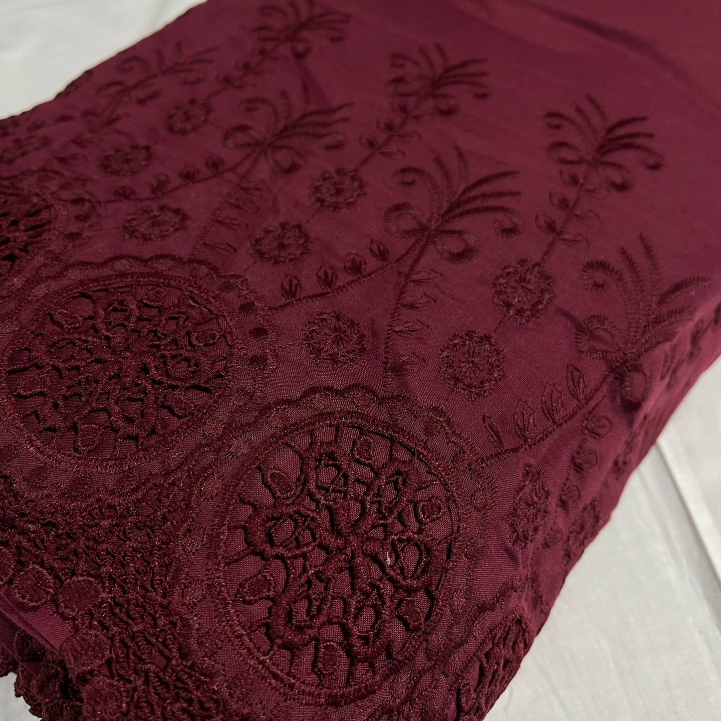 Burgundy Cotton Floral Embroidery Fabric Lace Broderie Anglaise Dress Craft Material 44" By the Meter