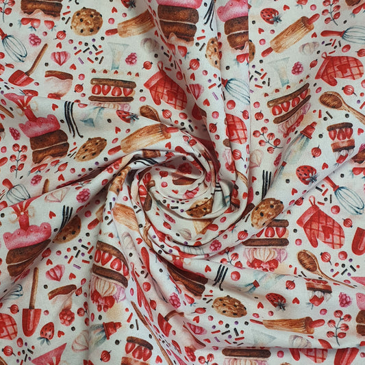 Cake Making Bakery 100% Cotton fabric Sweets Fruits, Treats & Macarons 44” wide perfect for Quilting, Crafts, Kidswear