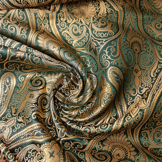 Bottle Green Double Paisley Gold Metallic Banarasi Brocade Fabric | Dress, Craft & Décor Material | 44" Wide By the Meter