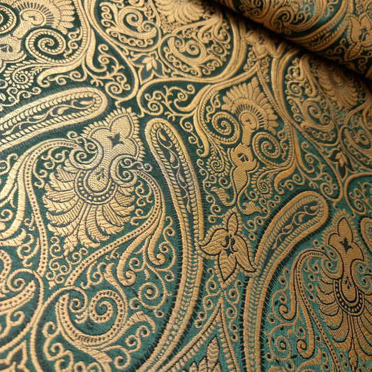 Bottle Green Double Paisley Gold Metallic Banarasi Brocade Fabric | Dress, Craft & Décor Material | 44" Wide By the Meter
