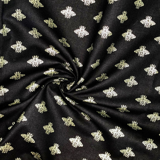 100% Cotton Panama Fabric | Black Background Metallic Bee Print 55" (140cm) Wide Craft & Upholstery Fabric – Sold by the Meter