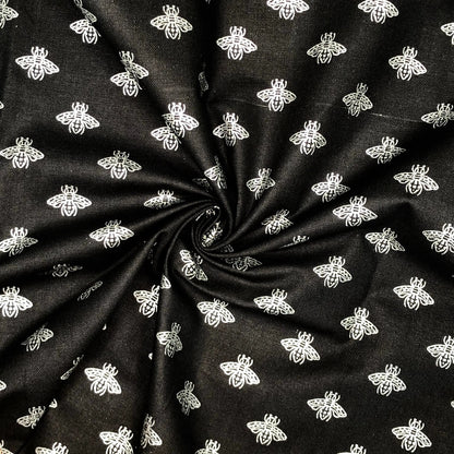 100% Cotton Panama Fabric | Black Background Metallic Bee Print 55" (140cm) Wide Craft & Upholstery Fabric – Sold by the Meter