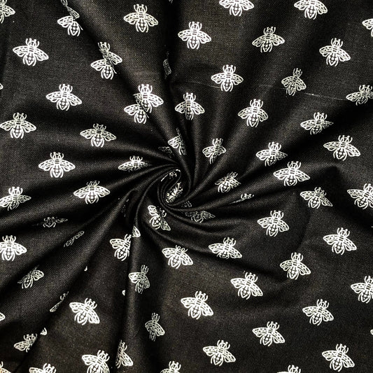 100% Cotton Panama Fabric | Black Background Metallic Bee Print 55" (140cm) Wide Craft & Upholstery Fabric – Sold by the Meter