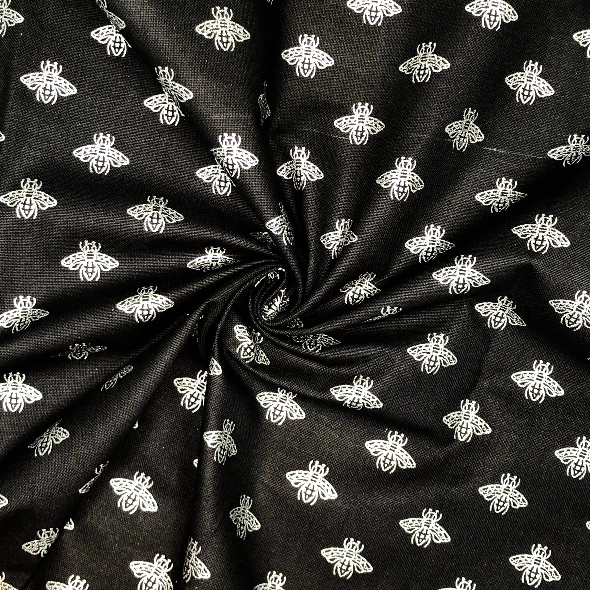 100% Cotton Panama Fabric | Black Background Metallic Bee Print 55" (140cm) Wide Craft & Upholstery Fabric â€“ Sold by the Meter
