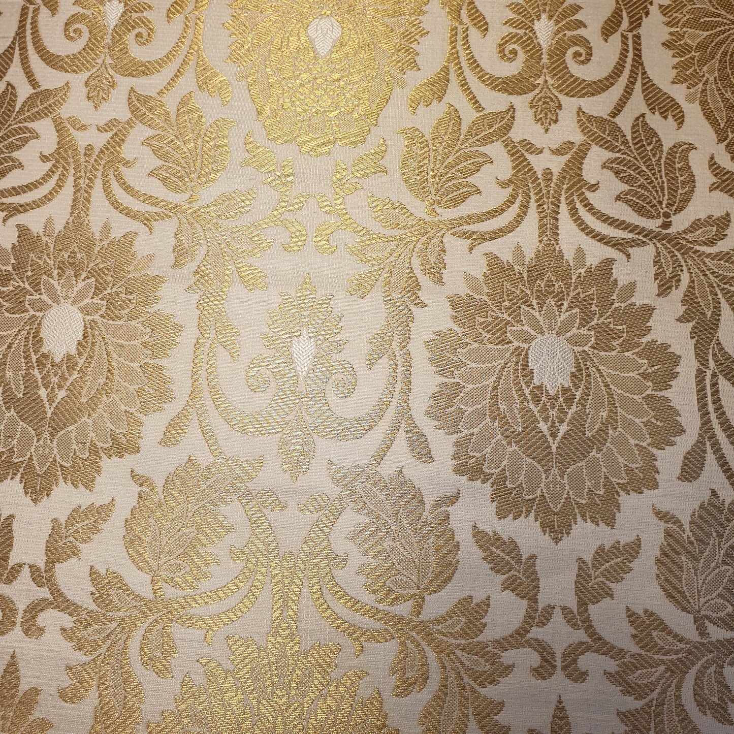 Cream Banarasi Brocade Fabric with Gold Zari Floral Design | Premium Indian Jacquard Material By Meter 44"
