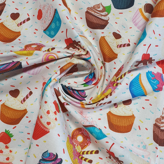 Cup Cakes 100% Cotton fabric Sweets Fruits, Treats & Macarons 44” wide perfect for Quilting, Crafts, Kidswear