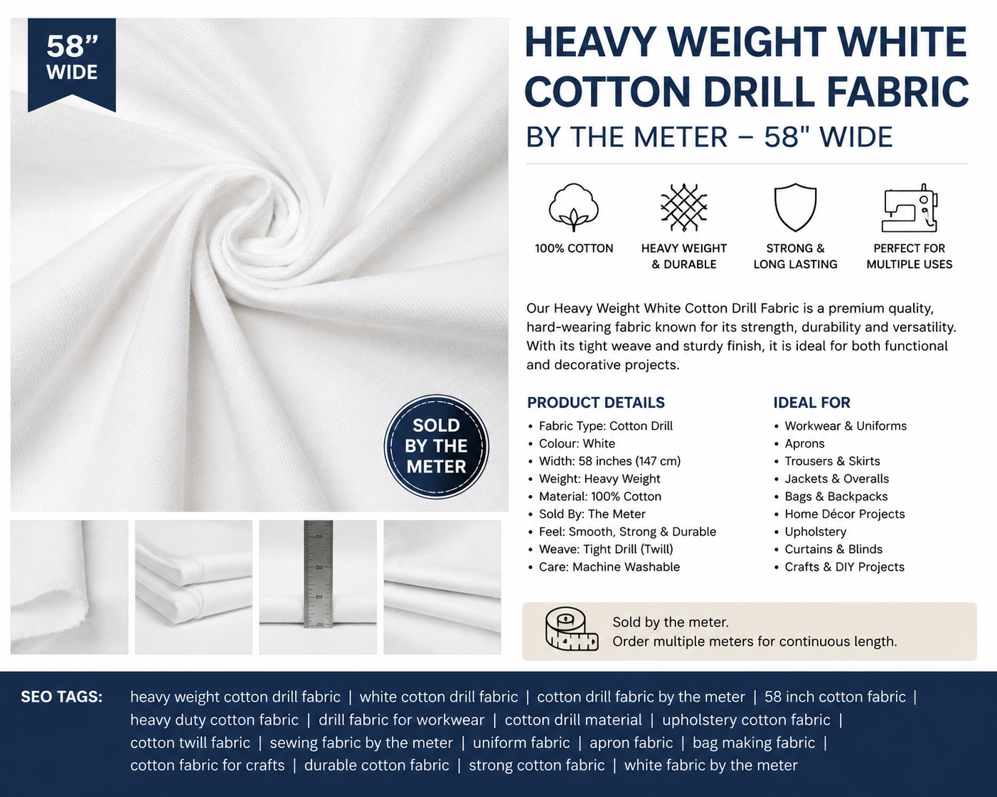 Heavy Weight White Cotton Drill Fabric by the Meter – 58" Wide | Durable Twill Upholstery & Workwear Fabric
