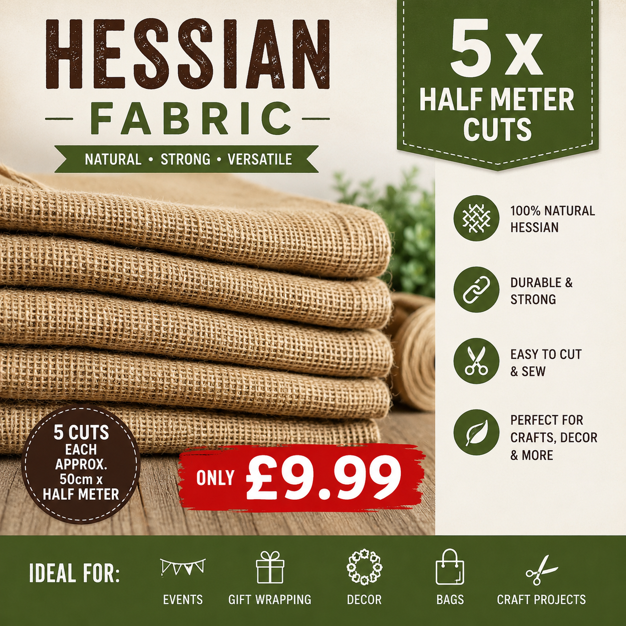 5 x Half Meter Hessian Fabric Bundle – Natural Burlap Jute Fabric Pack | Craft & DIY | £9.99