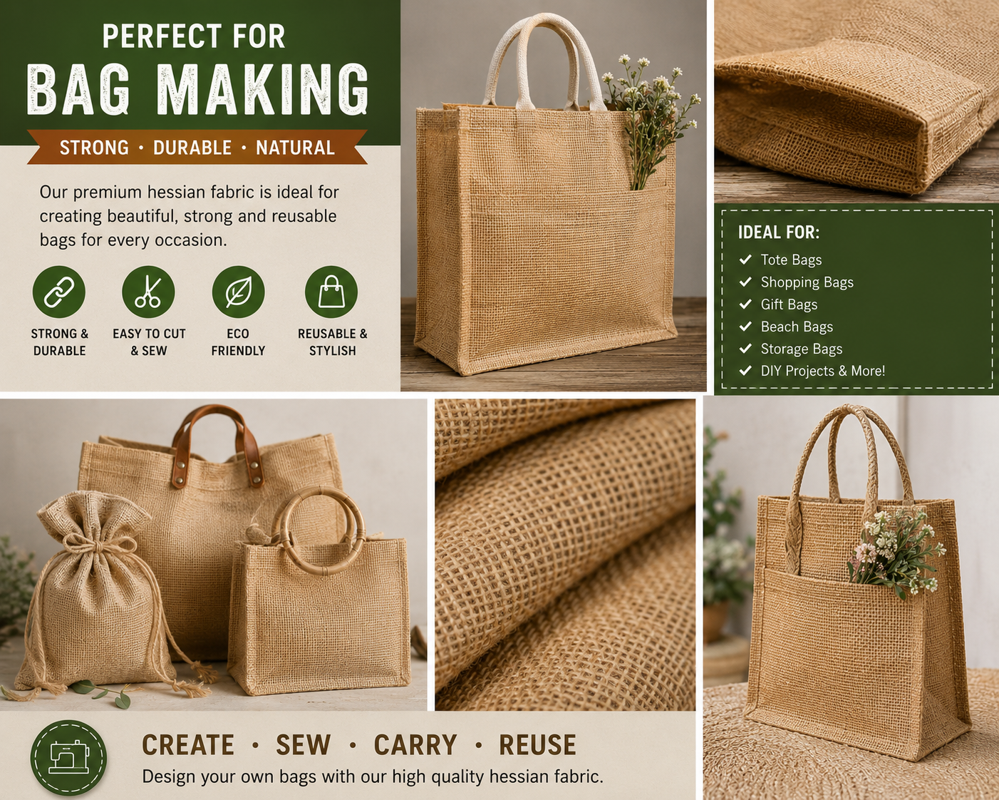 5 x Half Meter Hessian Fabric Bundle – Natural Burlap Jute Fabric Pack | Craft & DIY | £9.99