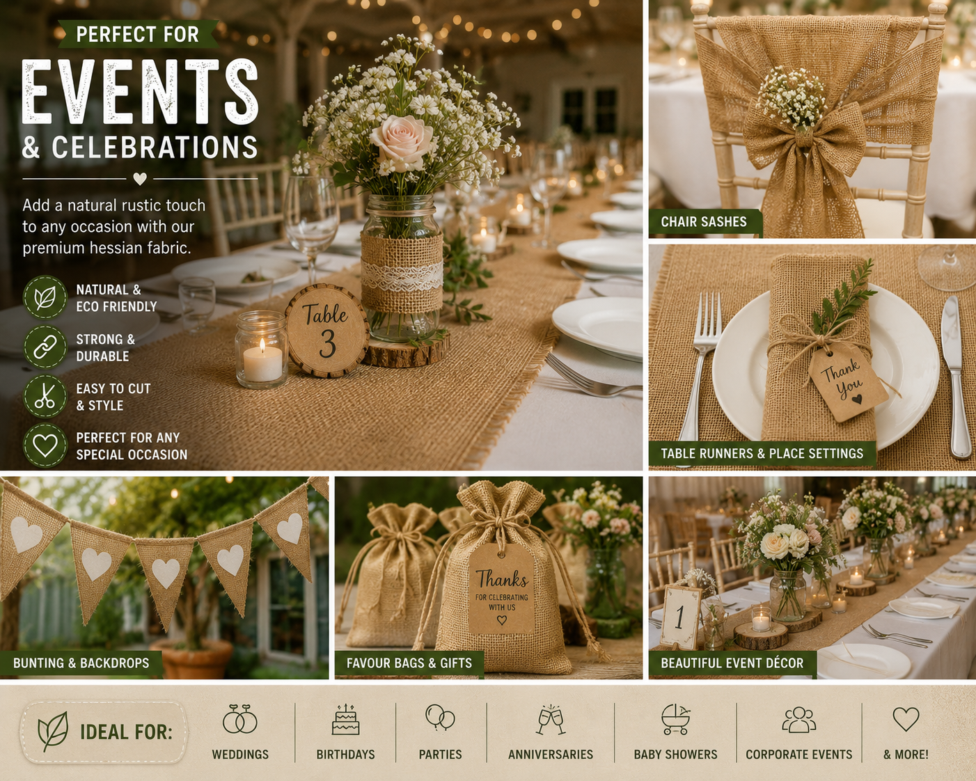 5 x Half Meter Hessian Fabric Bundle – Natural Burlap Jute Fabric Pack | Craft & DIY | £9.99