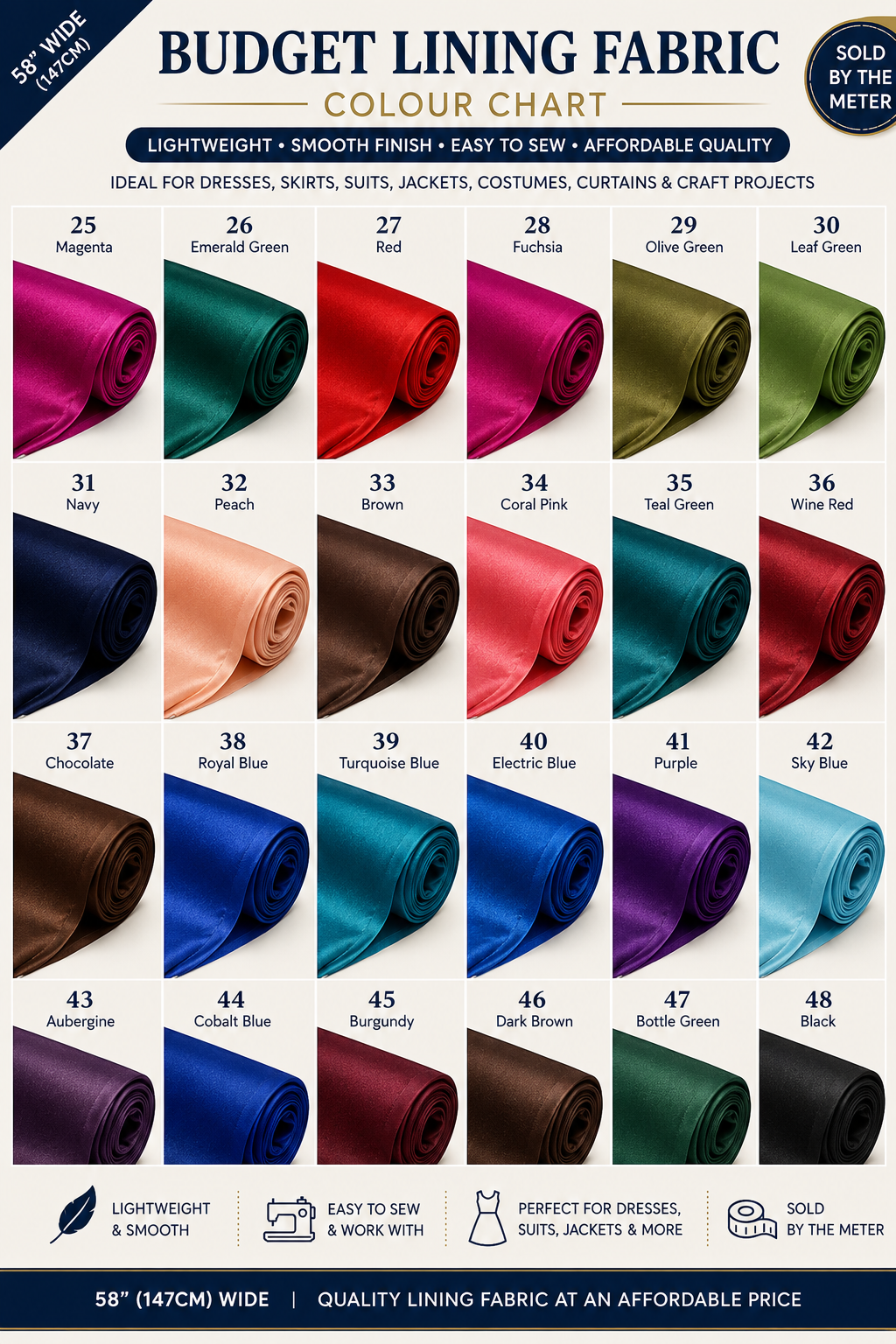 Budget Polyester Lining Soft Matte Finish Fabric 44" By The Roll (25 Meters)