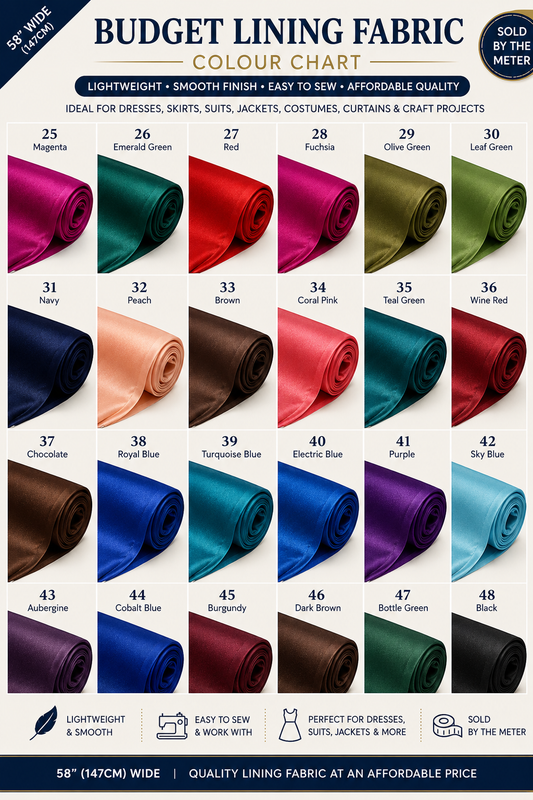 Budget Polyester Lining Soft Matte Finish Fabric 44" By The Roll (25 Meters)