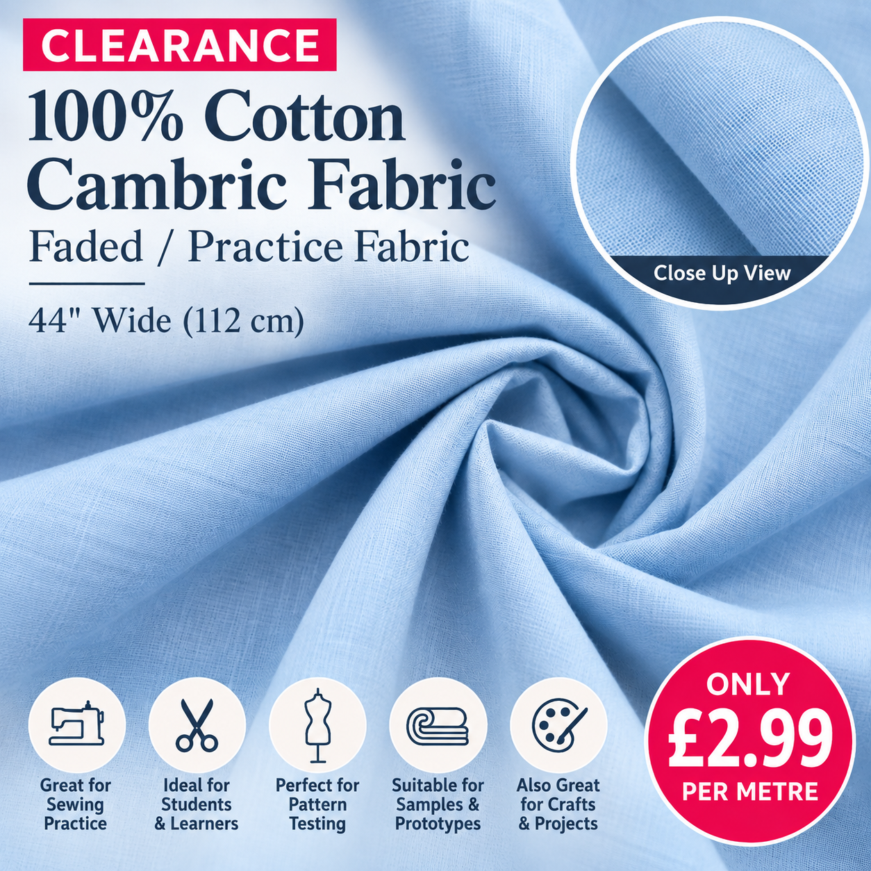 CLEARANCE 100% Cotton Cambric Fabric 44" Wide – Faded / Practice Fabric – £2.99 Per Metre