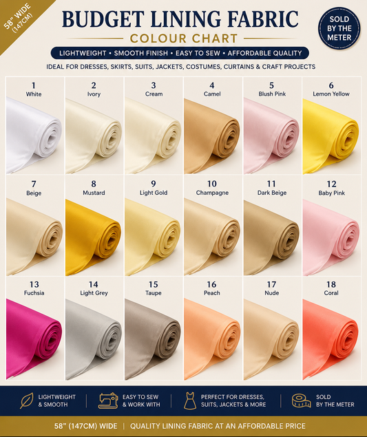 Budget Polyester Lining Soft Matte Finish Fabric 44" By The Roll (25 Meters)