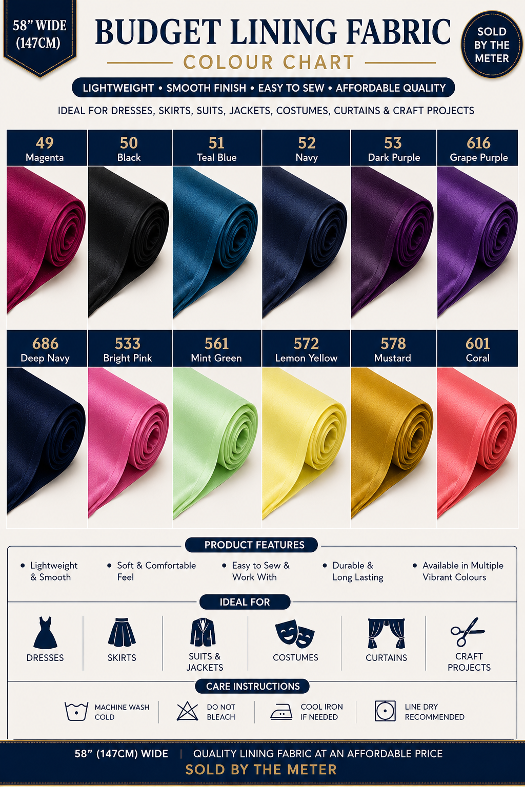 Budget Polyester Lining Soft Matte Finish Fabric 44" By The Roll (25 Meters)