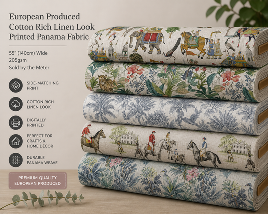 European Produced Cotton Rich Linen Look Side-Matching Printed Panama Fabric | Digitally Printed 55" (140cm) Wide 205gsm Craft & Home Décor Material – Sold by the Meter