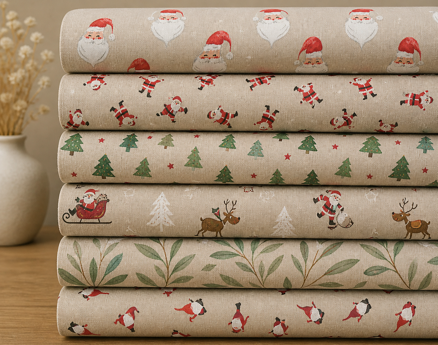 Christmas Linen Look Printed Panama Fabric | Cotton Rich 55" (140cm) Wide 205gsm Craft & Home Décor Material – Sold by the Meter