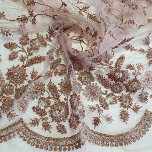 Blush Pink Luxury Embroidered Net Fabric with Sequins & Pearl Work 44" By The Meter