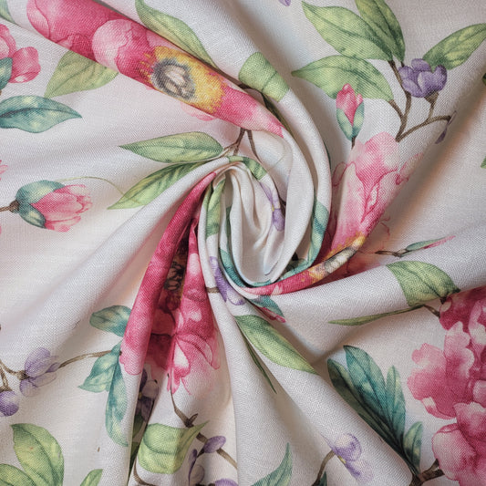 Ivory Floral Blossom Linen Look Fabric Curtain Soft Furnishing Material 58" By The Meter