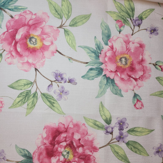 Ivory Floral Blossom Linen Look Fabric Curtain Soft Furnishing Material 58" By The Meter