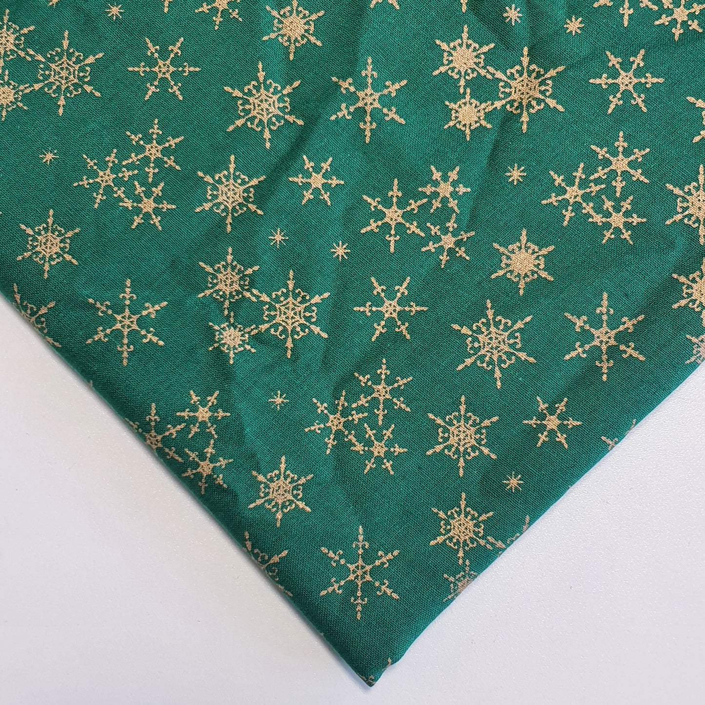 Deluxe Gold Foil Snowflake & Xmas Tree Print Cotton Fabric: 44” Wide for Festive Decor (Green Snowflake)