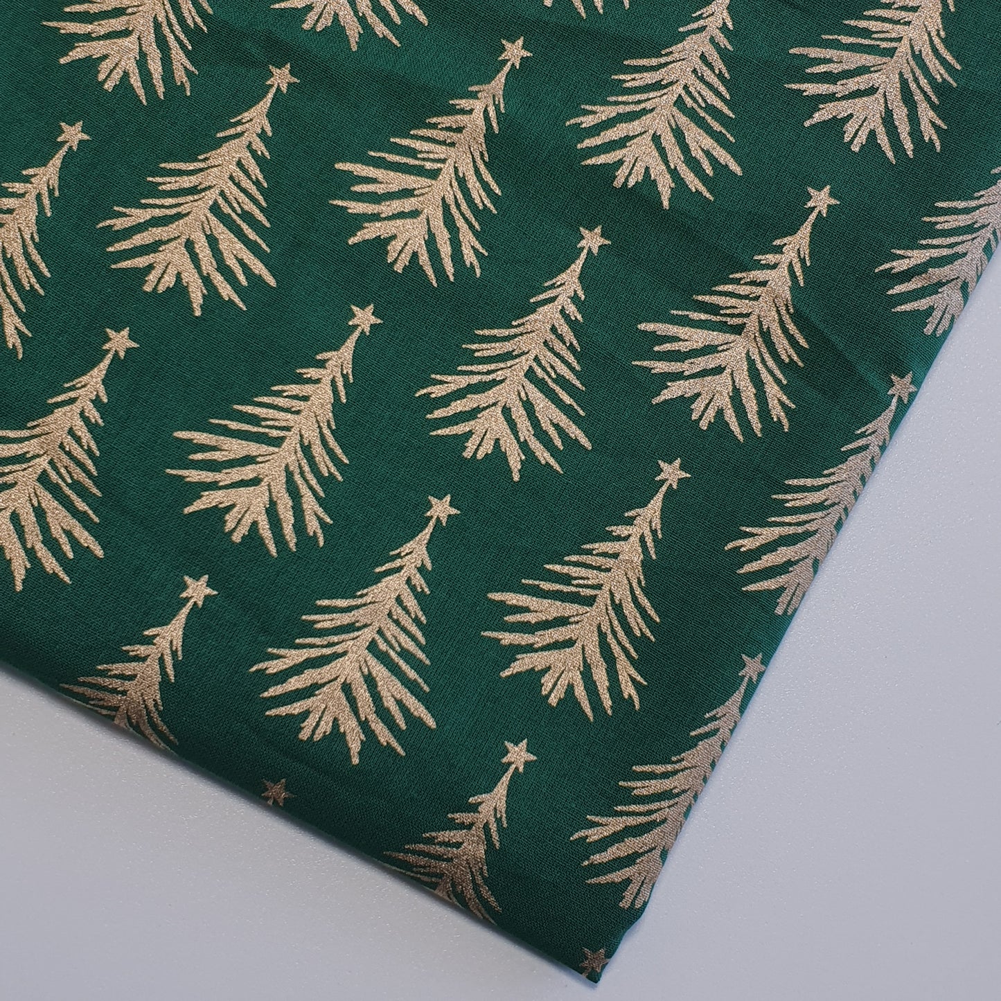 Deluxe Gold Foil Snowflake & Xmas Tree Print Cotton Fabric: 44” Wide for Festive Decor (Green Trees)