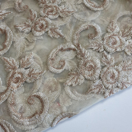 Gold Luxury Floral Embroidered Net Fabric – Designer Mesh Fabric 44" By The Meter