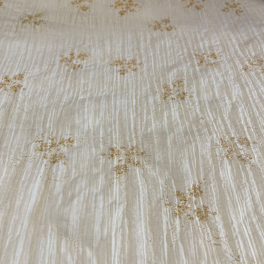 Cream Floral Metallic Embroidery 100% Cotton Crush Fabric Crinkle Craft Dress Costume Material 50 " By The Meter