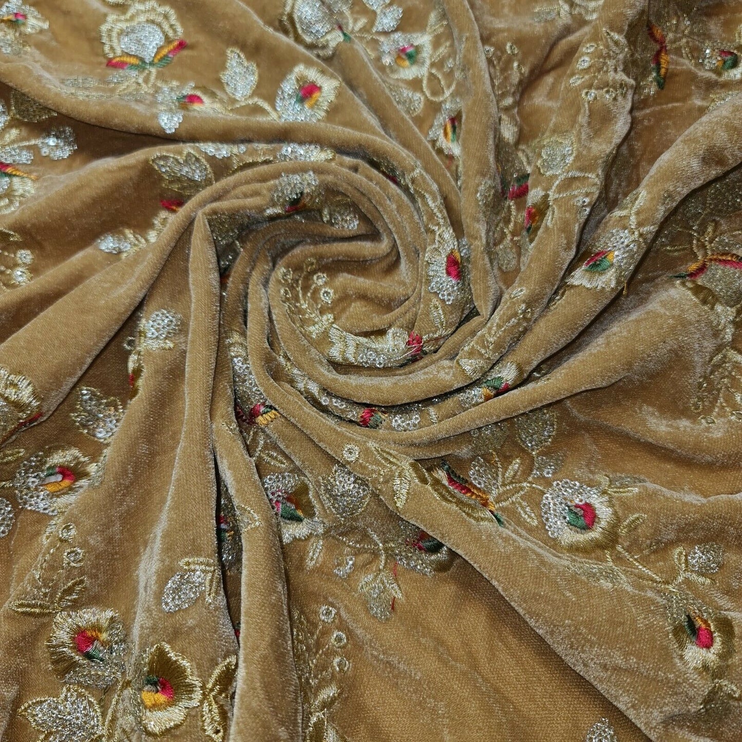 Gold Floral Embroidery 3 Crown Triple Velvet Fabric Dress Craft Décor Material 44" By The Meter