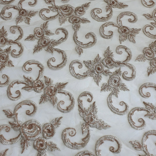 Gold Luxury Floral Embroidered Net Fabric – Designer Mesh Fabric 44" By The Meter