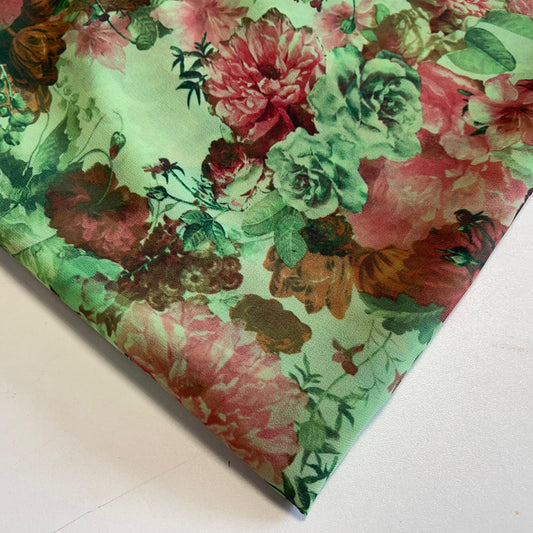 Green Floral Crepe Chiffon Material Soft Sheer Dress Drape Craft Fabric 44" By Meter