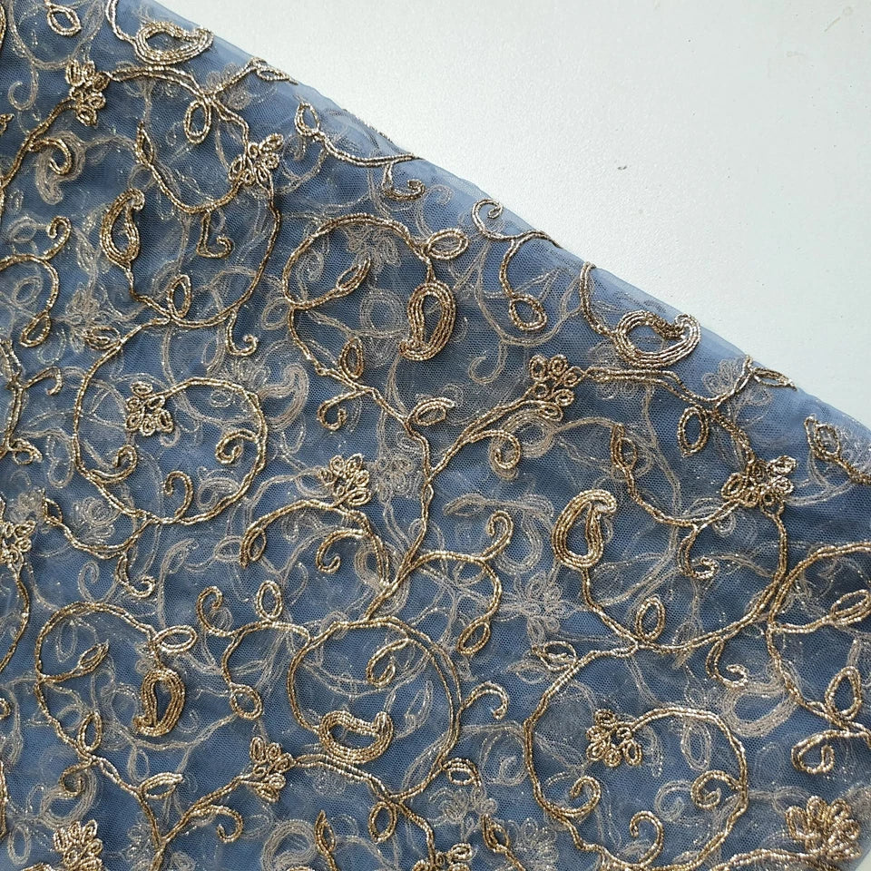 Grey Elegant Embroidered Net Fabric with Metallic Thread Work 44" By The Meter