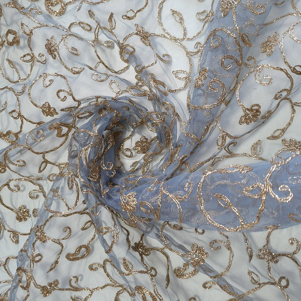 Grey Elegant Embroidered Net Fabric with Metallic Thread Work 44" By The Meter