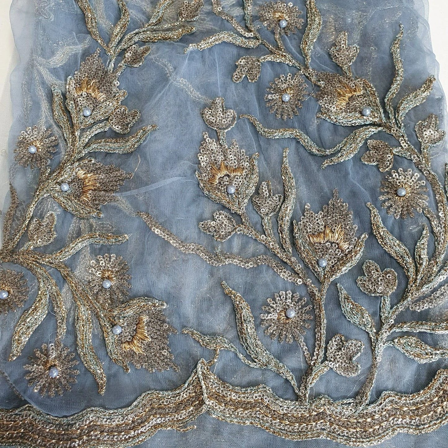 Grey Luxury Embroidered Net Fabric with Sequins & Pearl Work 44" By The Meter