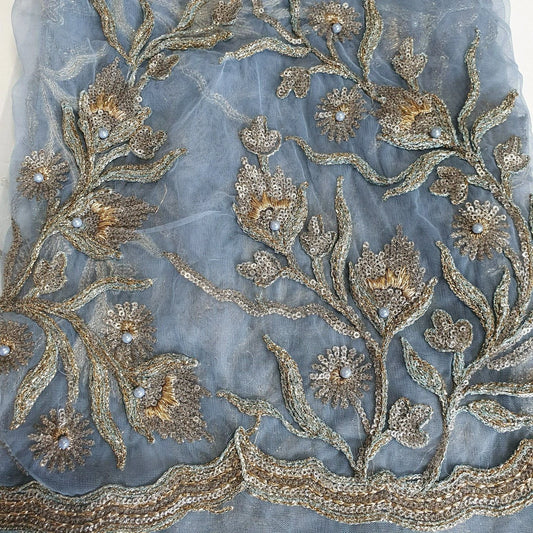 Grey Luxury Embroidered Net Fabric with Sequins & Pearl Work 44" By The Meter