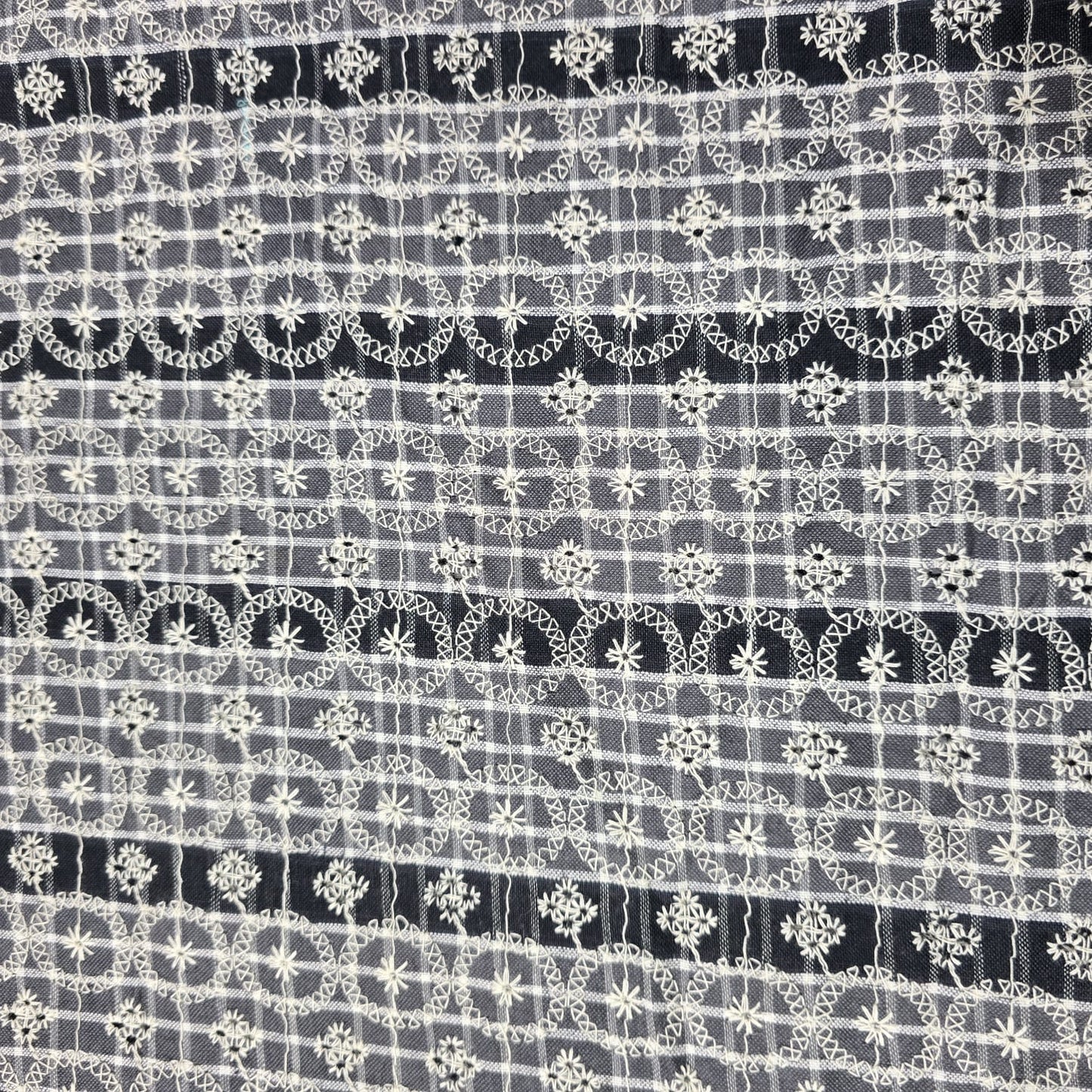 Grey Black Checked Embroidered Cotton Fabric 44" Wide | Floral Broderie Dressmaking, Craft & Home Décor Material by the Metre