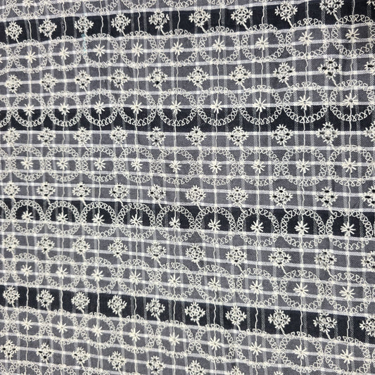 Grey Black Checked Embroidered Cotton Fabric 44" Wide | Floral Broderie Dressmaking, Craft & Home Décor Material by the Metre
