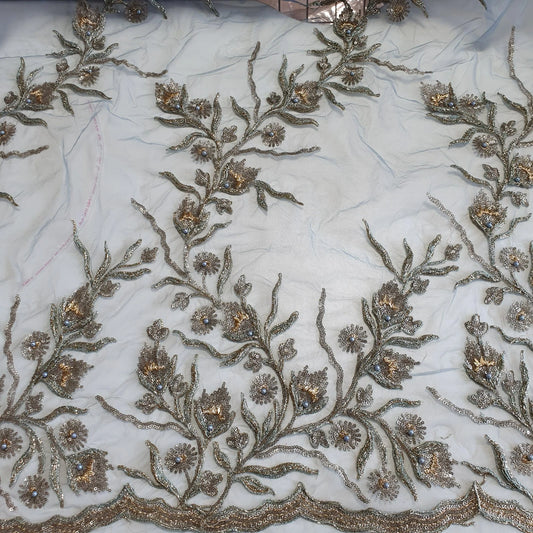 Grey Luxury Embroidered Net Fabric with Sequins & Pearl Work 44" By The Meter