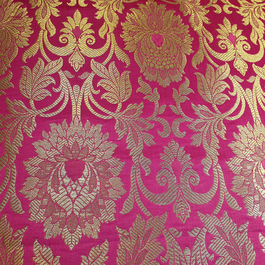 Cerise Pink Banarasi Brocade Fabric with Gold Zari Floral Design | Premium Indian Jacquard Material By Meter 44"