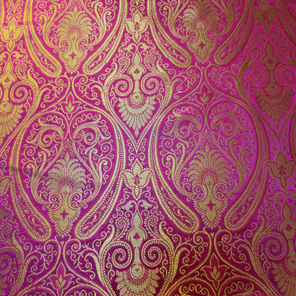 Hot Pink Double Paisley Gold Metallic Banarasi Brocade Fabric | Dress, Craft & Décor Material | 44" Wide By the Meter