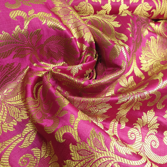 Cerise Pink Banarasi Brocade Fabric with Gold Zari Floral Design | Premium Indian Jacquard Material By Meter 44"