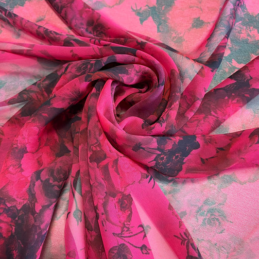 Hot Pink Floral Crepe Chiffon Material Soft Sheer Dress Drape Craft Fabric 44" By Meter